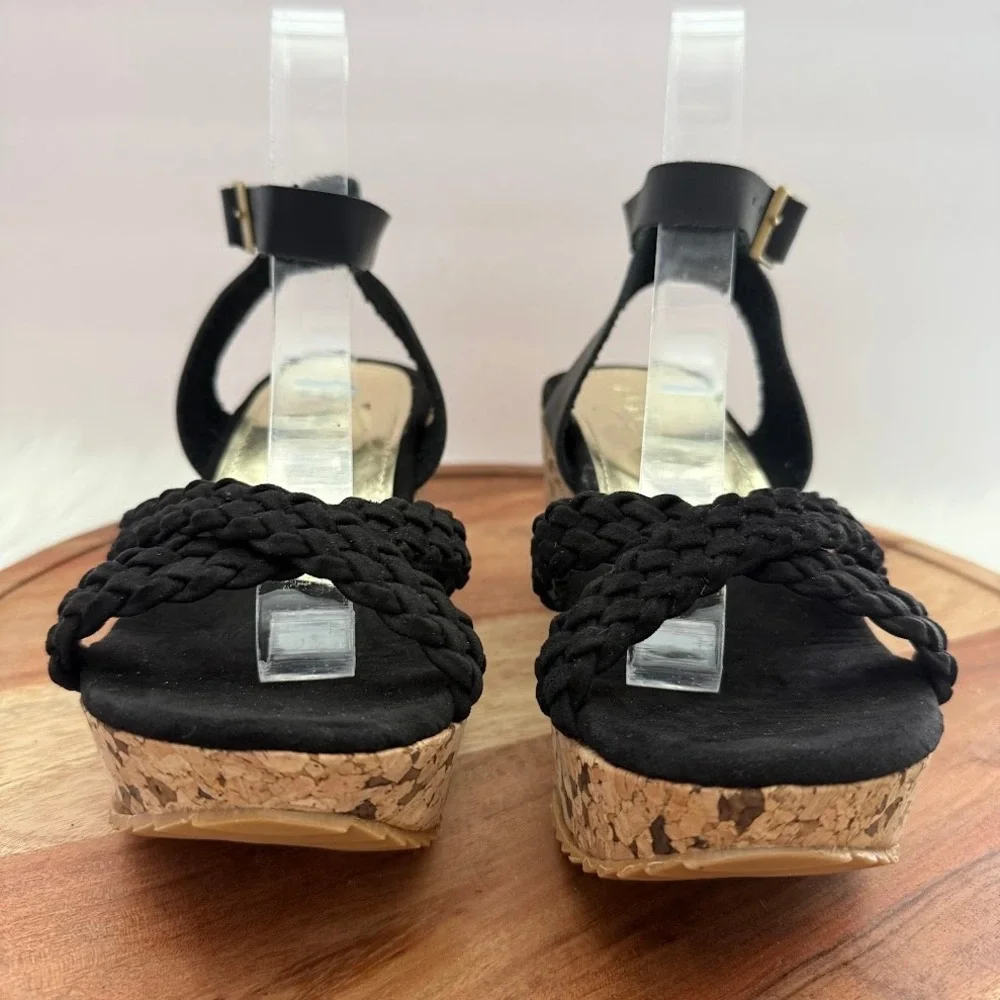 Alicia Leon Black Braided Platform Wedge Size 6 Sandals Cork Heel LIGHT WEIGHT